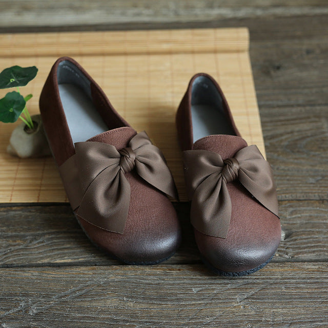 Babakud Women Spring Retro Butterfly Knot Leather Flats Loafers