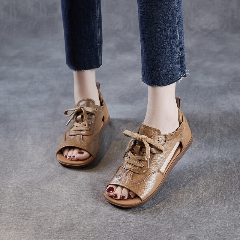 Summer Retro Leather Open Toe Soft Flat Sole Lace-Up Sandals - Image 3