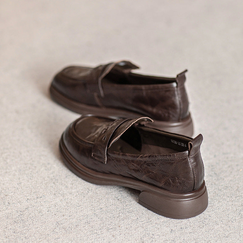 Brown Classic Vintage Textured Leather Loafers for Women - Image 8