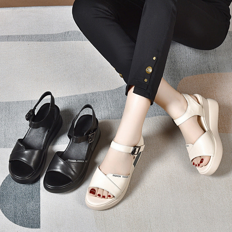 Summer Casual Leather Open Toe Soft Thick Sole Velcro Sandals