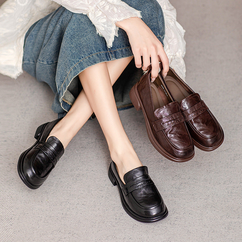 Brown Classic Vintage Textured Leather Loafers for Women - Image 6