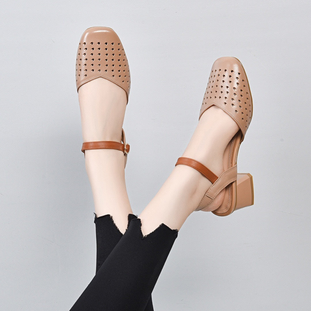 Retro Top Leather Hollow One Straped Chunky Sandals - Image 4