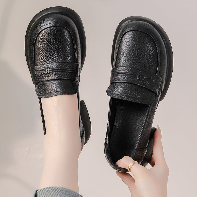 Women Retro Genuine Leather Mid Heel Thick Sole Platform Loafers - Image 6