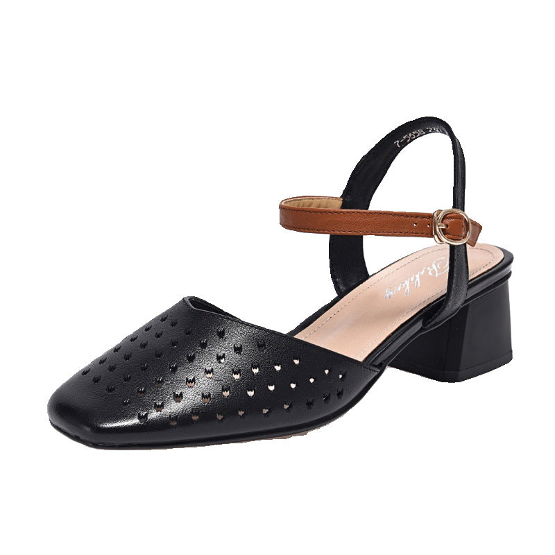 Retro Top Leather Hollow One Straped Chunky Sandals - Image 2