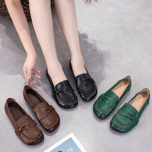 Babakud Women Spring Retro Leather Ribbon Slip-On Loafers