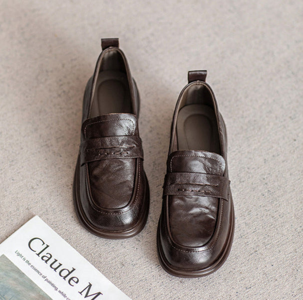 Brown Classic Vintage Textured Leather Loafers for Women - Image 9