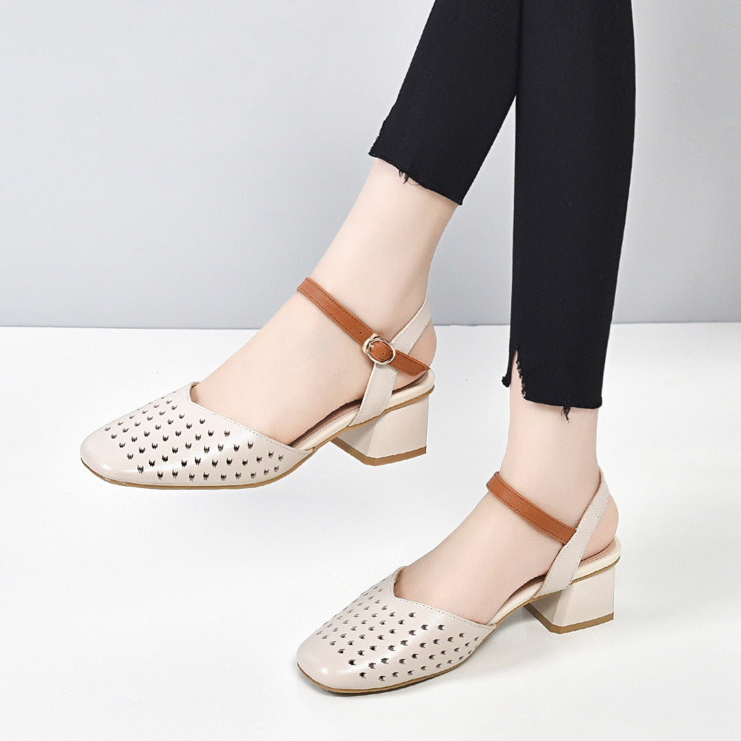 Retro Top Leather Hollow One Straped Chunky Sandals - Image 5