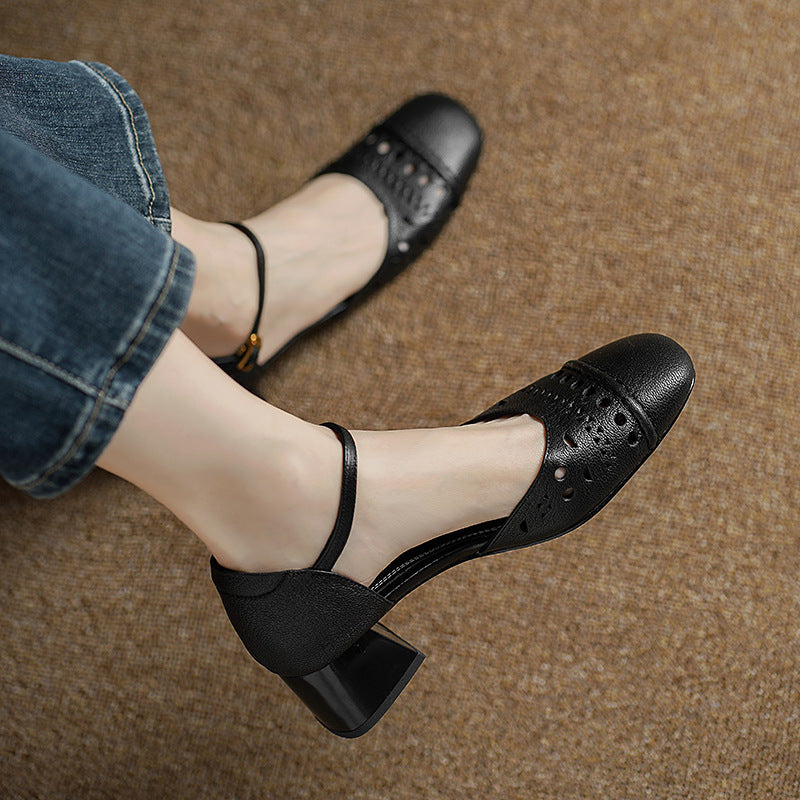 Vintage Leather Hollow Chunky One Straped Plus Size Sandals - Image 2