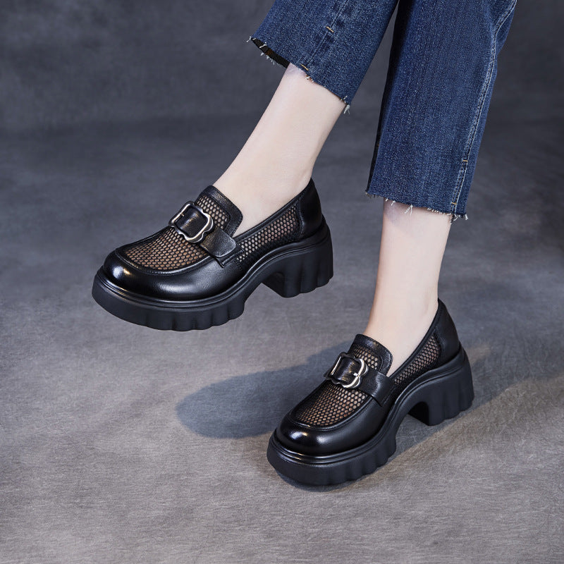 Black Breathable Mesh Patchwork Leather Loafers for Women - Image 3