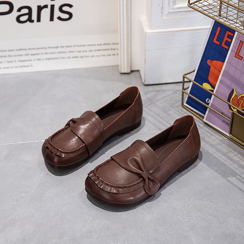 Babakud Women Spring Retro Leather Ribbon Slip-On Loafers - Image 3