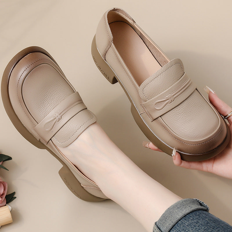 Women Retro Genuine Leather Mid Heel Thick Sole Platform Loafers - Image 7