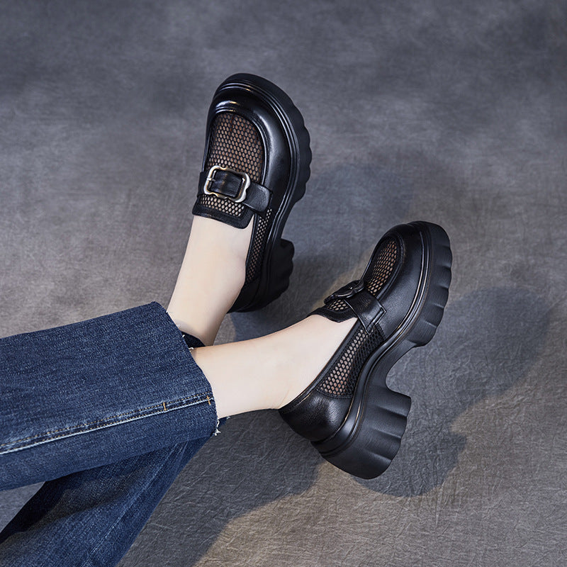 Black Breathable Mesh Patchwork Leather Loafers for Women - Image 4