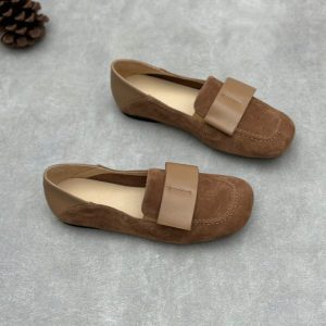Ladies Elegant Vintage Soft Leather Suede Loafers with Wide Bow