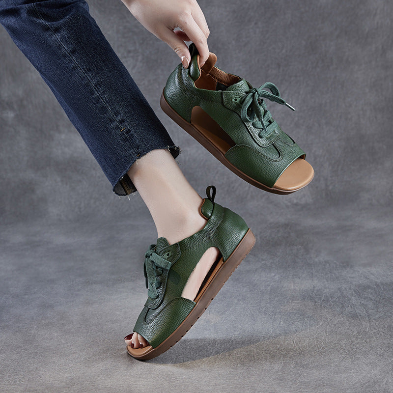 Summer Retro Leather Open Toe Soft Flat Sole Lace-Up Sandals - Image 4