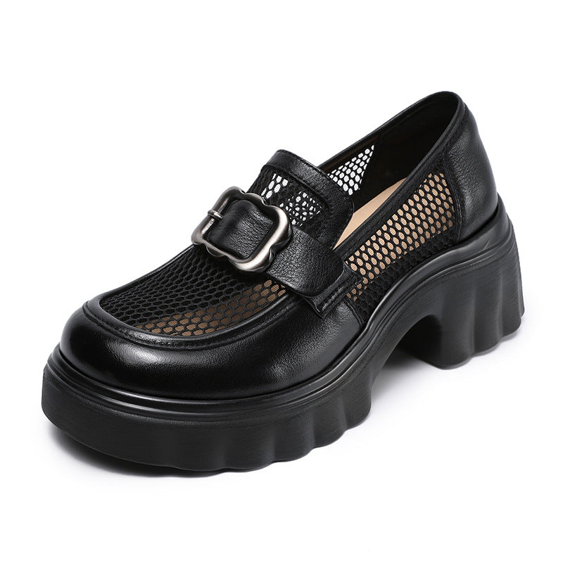 Black Breathable Mesh Patchwork Leather Loafers for Women